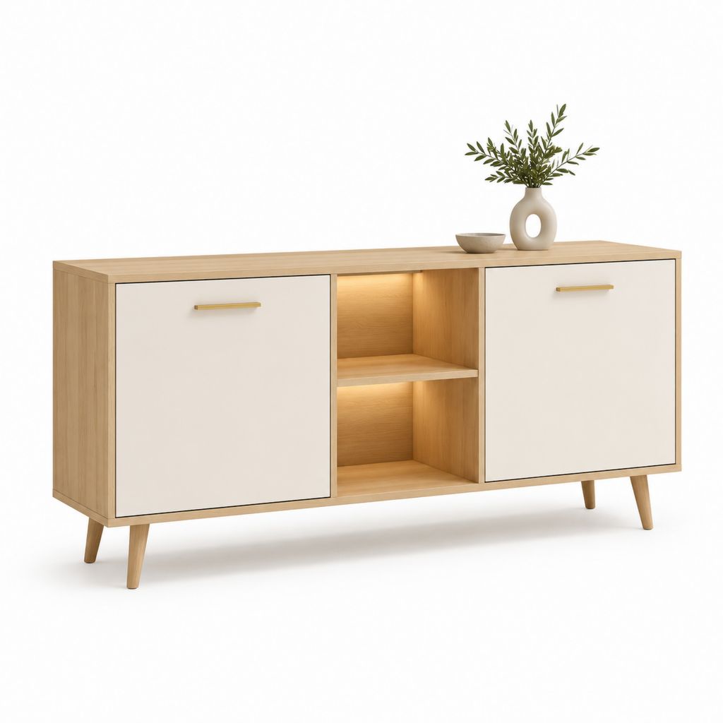 Buffet de salle à manger rectangulaire chêne clair et blanc en panneaux de particules 160 x 40 x 80 cm