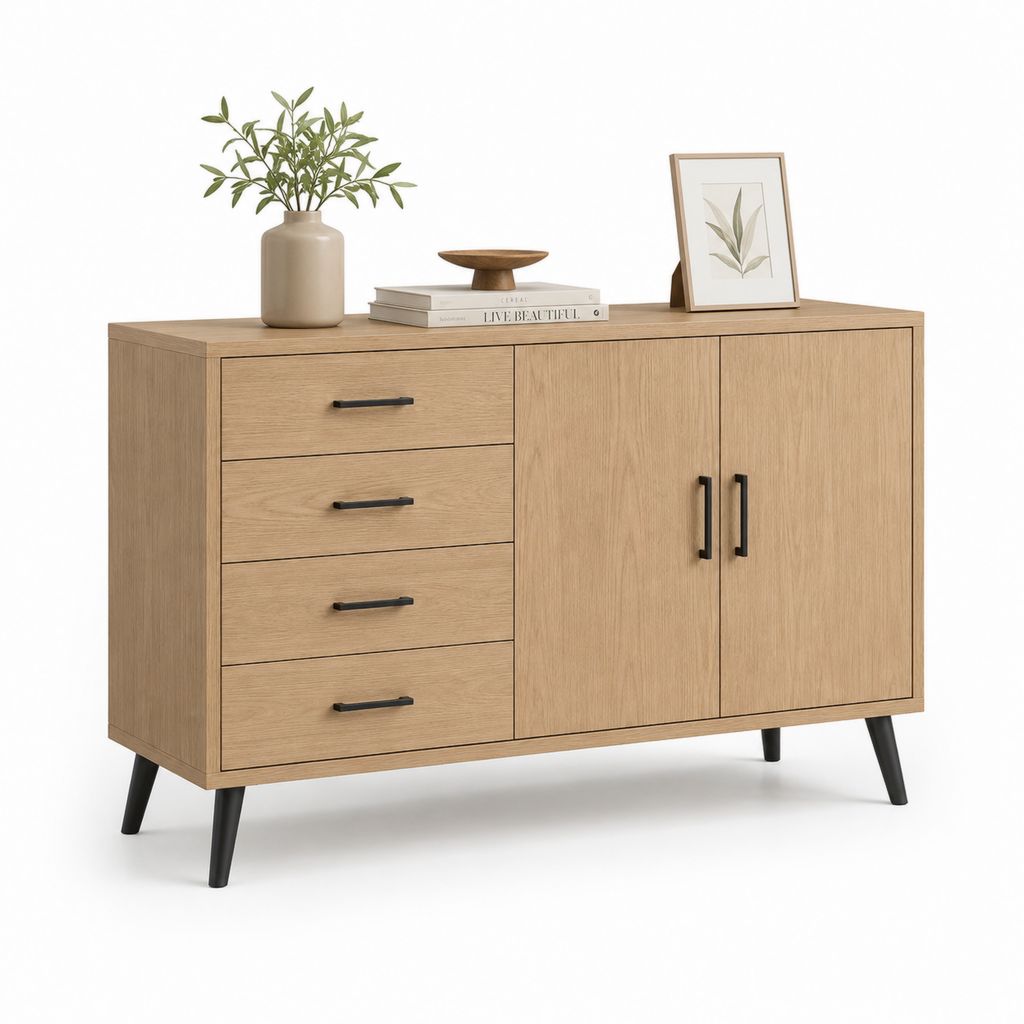 Buffet de salle à manger rectangulaire 2 portes 4 tiroirs chêne clair panneaux de particules 120 x 40 x 80 cm