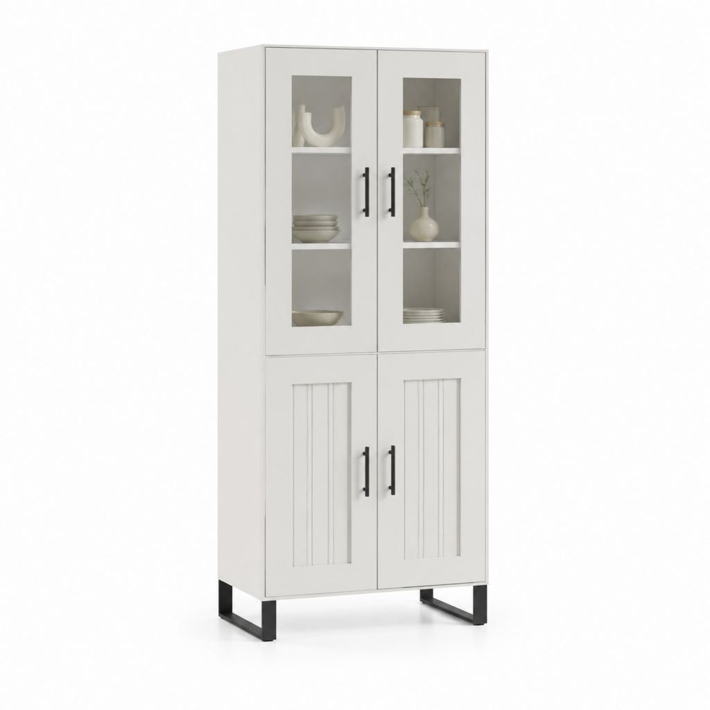 Vaisselier 4 portes blanc en panneaux de particules et verre 80 x 40 x 180 cm