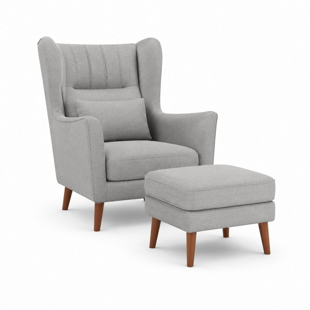 Fauteuil à oreilles avec repose-pieds gris en polyester dossier haut 80 x 82 x 101 cm