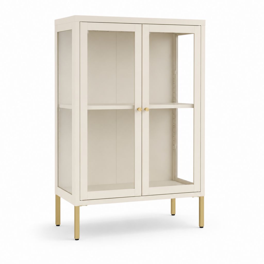Buffet vitrine 2 portes blanc crème en MDF et verre trempé 80 x 40 x 150 cm