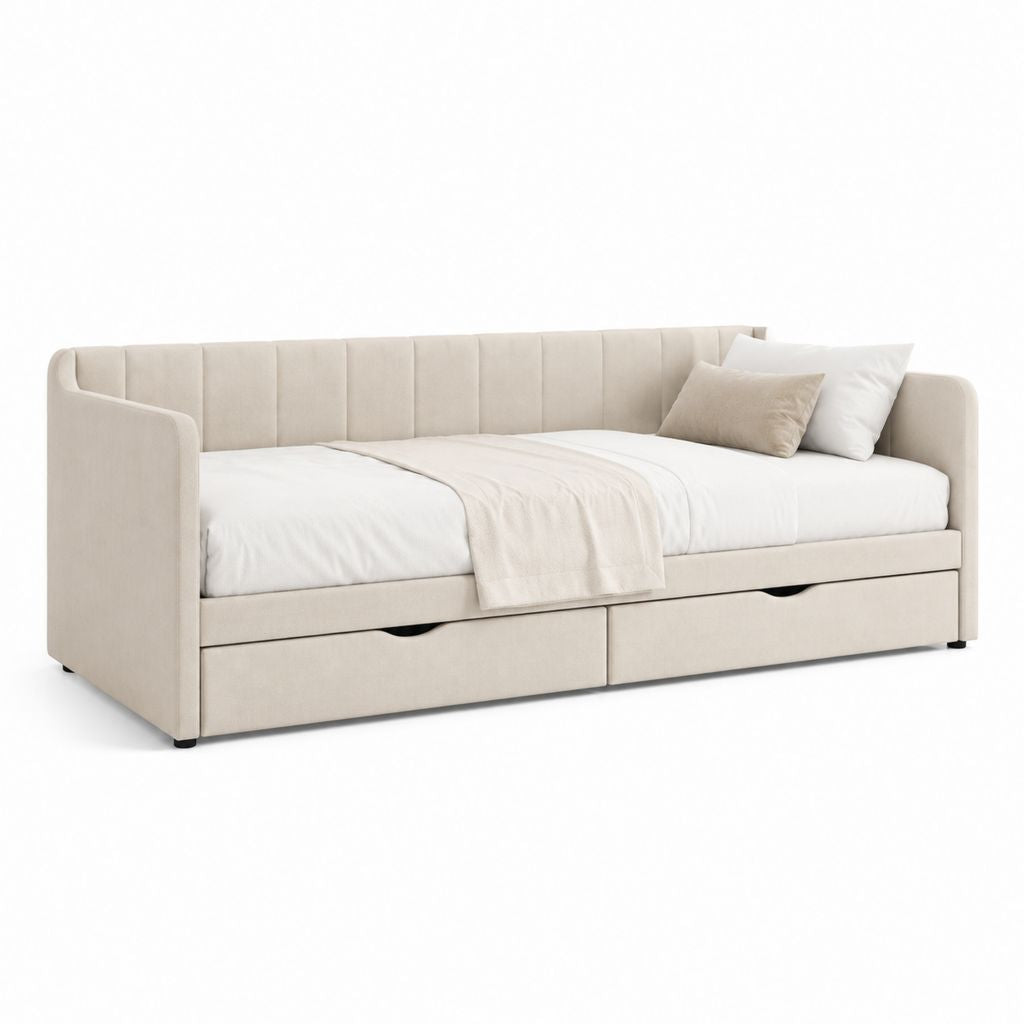 Lit banquette 90 x 200 cm beige en polyester avec 2 tiroirs de rangement