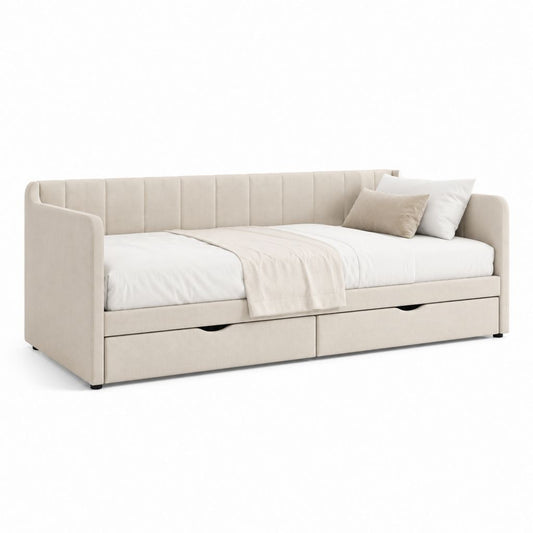 Lit banquette 90 x 200 cm beige en polyester avec 2 tiroirs de rangement