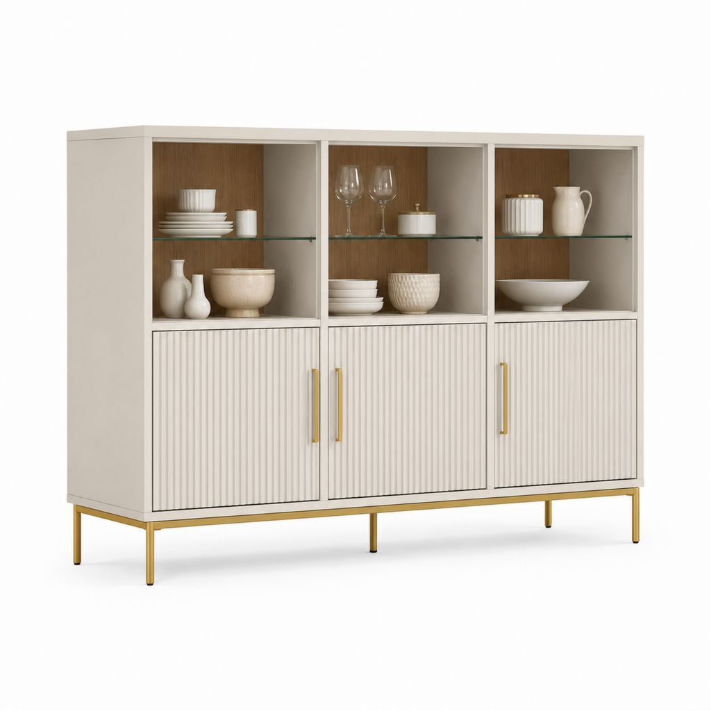 Buffet vaisselier 3 portes blanc et décor chêne en MDF 150 x 40 x 150 cm