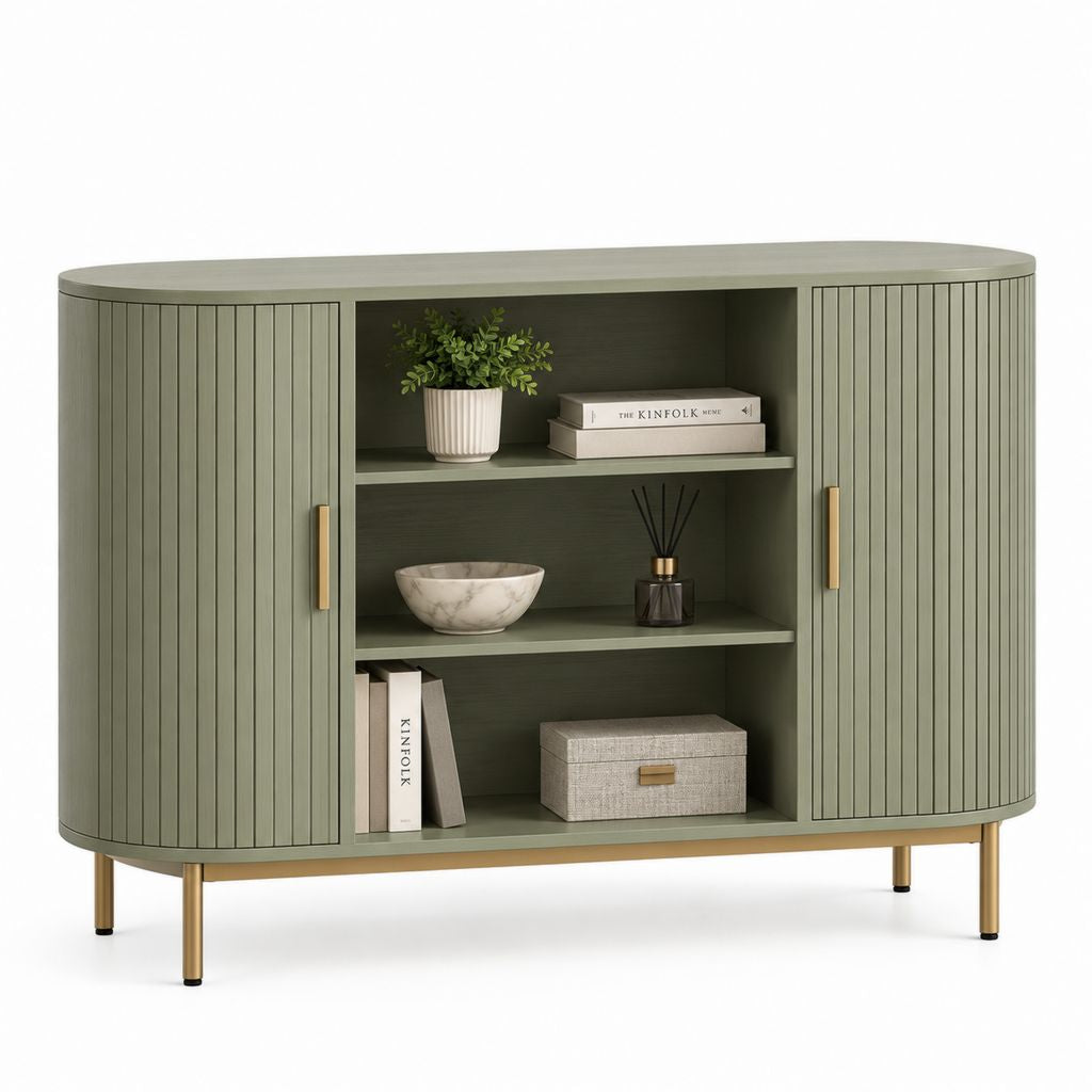 Buffet de salle à manger vert sauge en panneaux de fibres avec 2 portes et rangement ouvert 160 x 40 x 90 cm