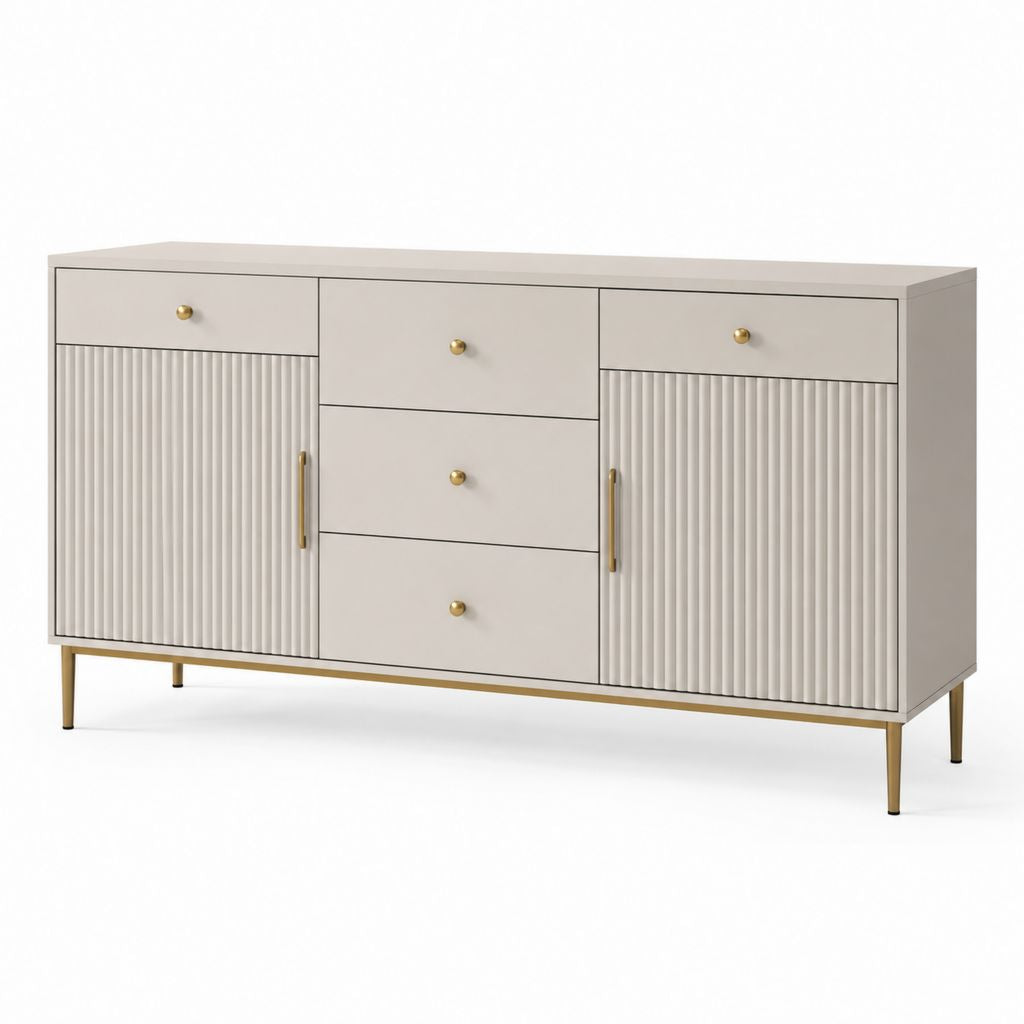 Buffet de salle à manger 2 portes 5 tiroirs blanc cassé MDF rectangulaire 160 x 40 x 85 cm