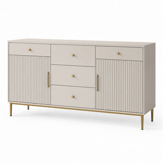 Buffet de salle à manger 2 portes 5 tiroirs blanc cassé MDF rectangulaire 160 x 40 x 85 cm