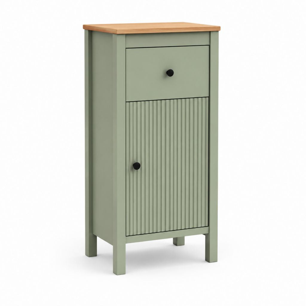 Buffet étroit vert sauge en MDF avec plateau effet chêne 60 x 35 x 120 cm
