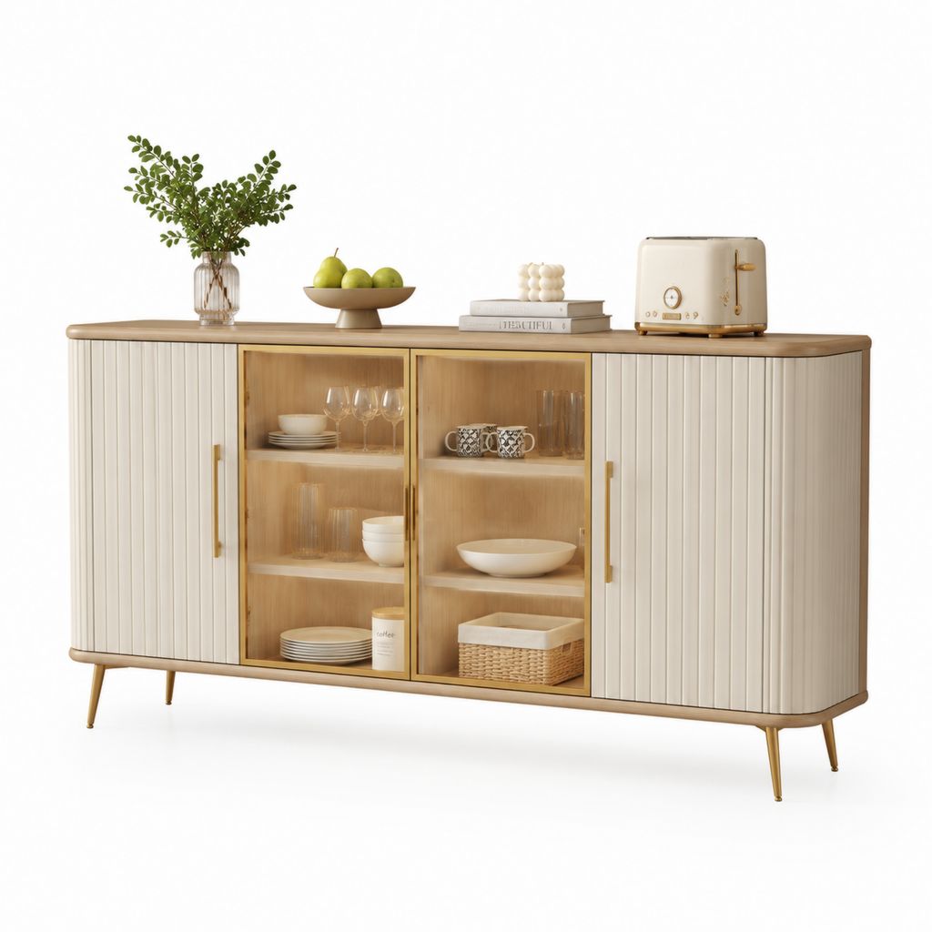 Buffet de salle à manger 4 portes blanc et chêne en MDF verre trempé 160 x 40 x 85 cm
