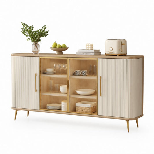 Buffet de salle à manger 4 portes blanc et chêne en MDF verre trempé 160 x 40 x 85 cm