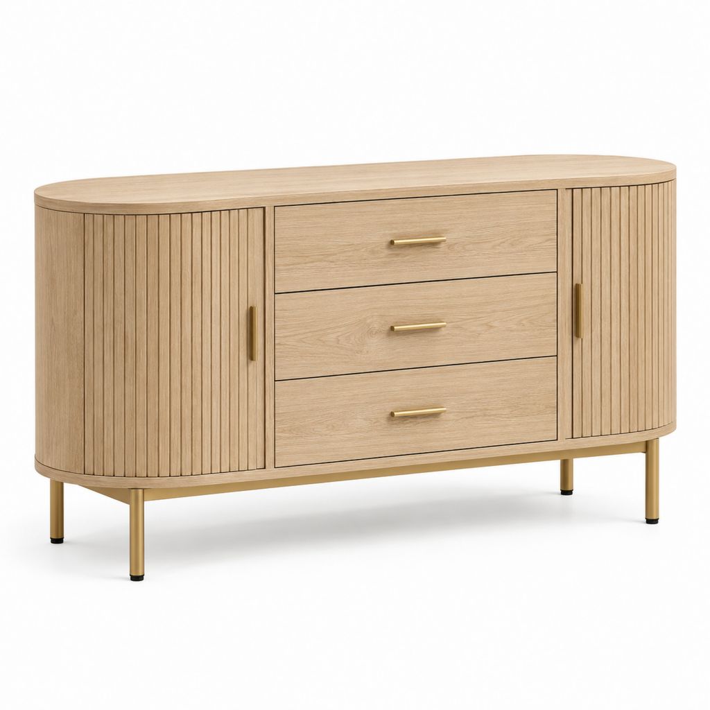 Buffet bas 2 portes 3 tiroirs chêne clair MDF plaqué chêne forme ovale 160 x 45 x 80 cm