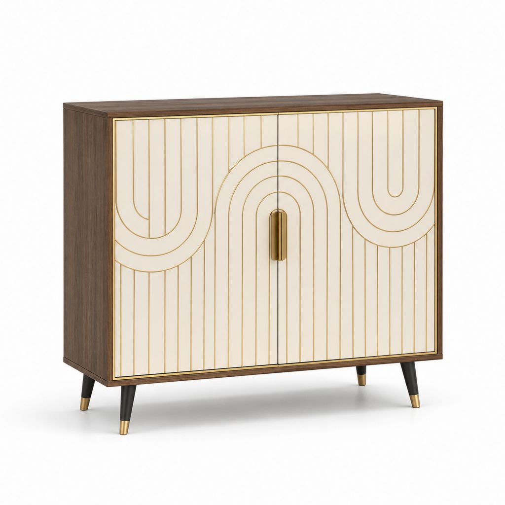 Buffet 2 portes marron et crème en MDF plaqué noyer 90 x 40 x 90 cm