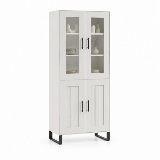 Vaisselier 4 portes blanc en panneaux de particules et verre 80 x 40 x 180 cm
