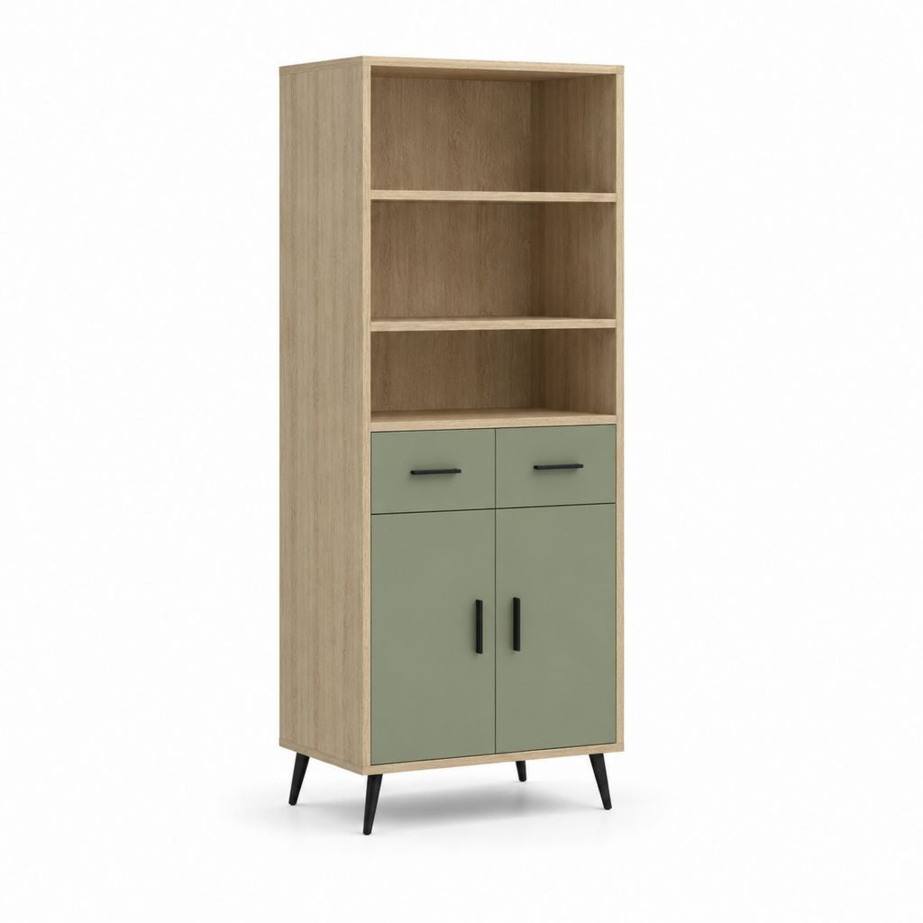 Vaisselier buffet haut vert olive et chêne clair en panneaux de particules 80 x 40 x 180 cm