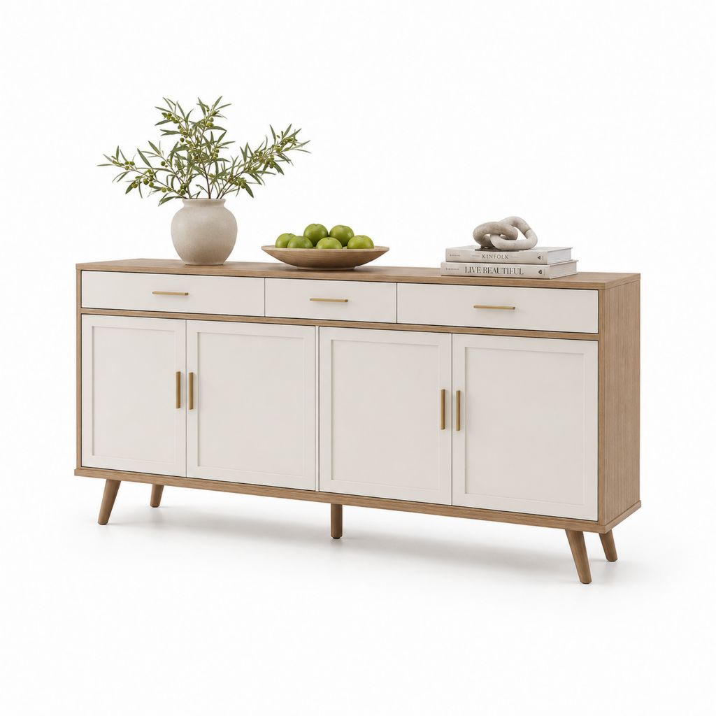 Buffet de rangement rectangulaire blanc et chêne en panneaux MDF 160 x 40 x 85 cm