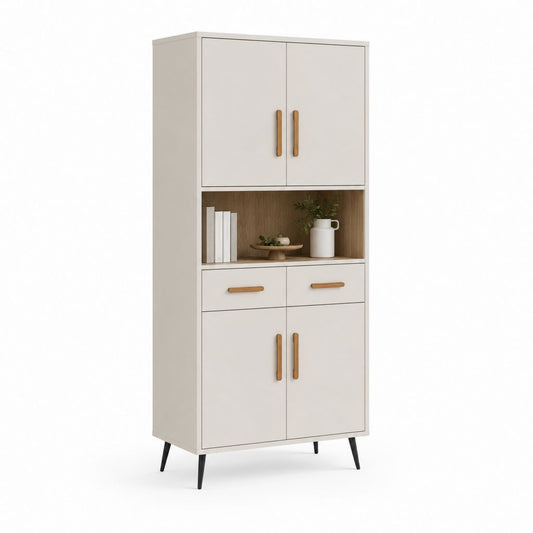 Buffet haut de rangement blanc cassé en panneaux MDF rectangulaire 80 x 40 x 180 cm avec 4 portes 2 tiroirs et niche ouverte