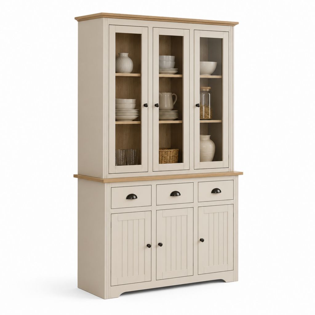 Buffet vaisselier rectangulaire 3 portes vitrées crème et chêne clair en MDF et verre trempé 120 x 40 x 190 cm