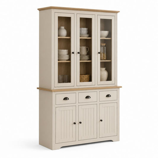 Buffet vaisselier rectangulaire 3 portes vitrées crème et chêne clair en MDF et verre trempé 120 x 40 x 190 cm