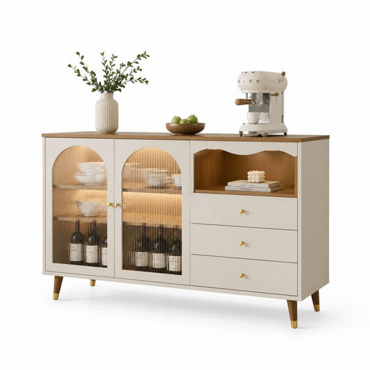 Buffet vaisselier crème en MDF et verre cannelé 140 x 40 x 90 cm avec 2 portes 3 tiroirs et éclairage