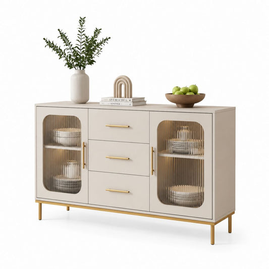 Buffet de salle à manger beige en panneaux MDF rectangulaire 160 x 40 x 85 cm avec 2 portes vitrées et 3 tiroirs