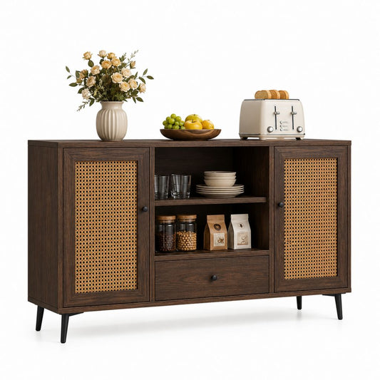 Buffet de salle à manger rectangulaire brun foncé en panneaux MDF et cannage de rotin 150 x 40 x 85 cm