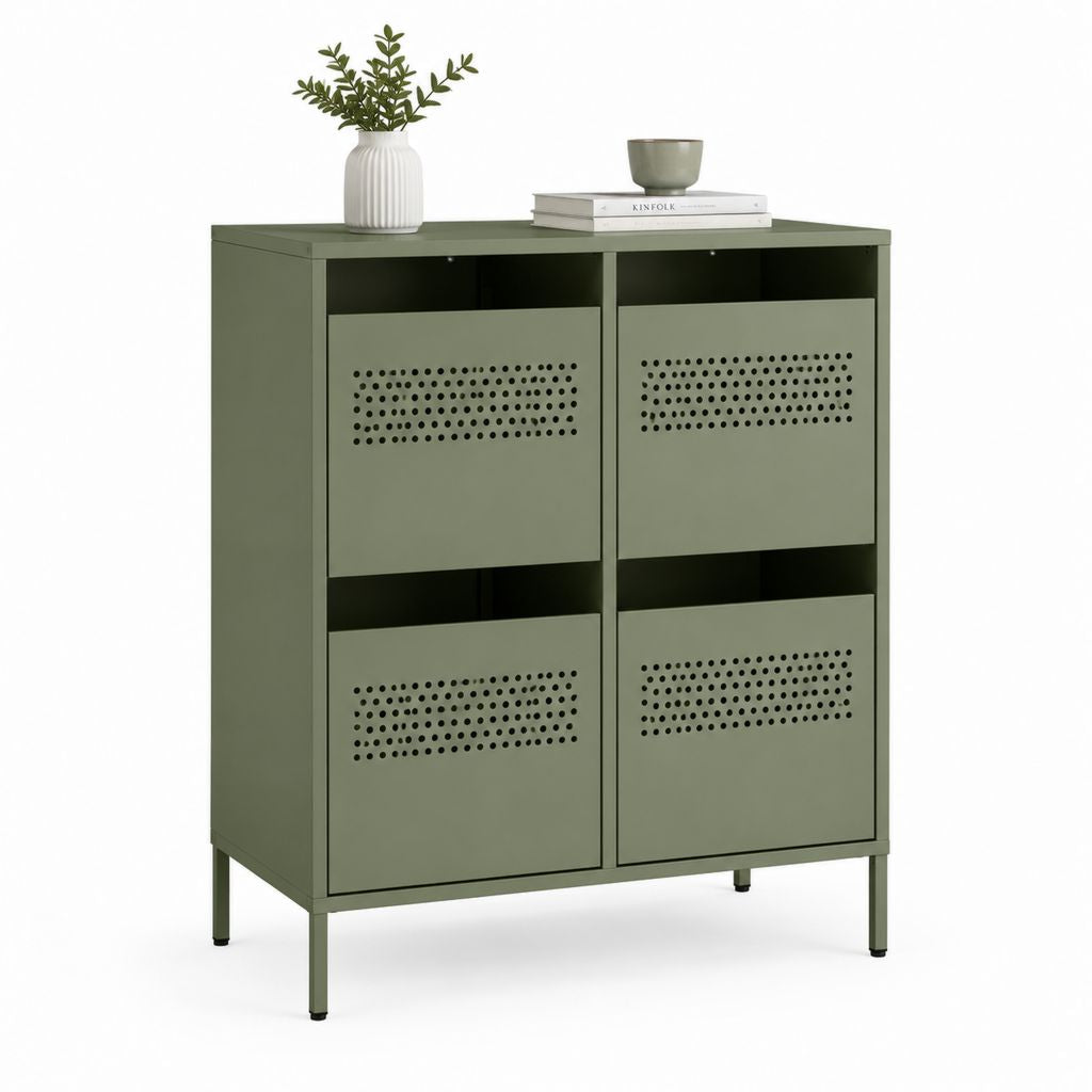 Buffet de rangement 4 portes vert olive en acier rectangulaire 80 x 40 x 100 cm