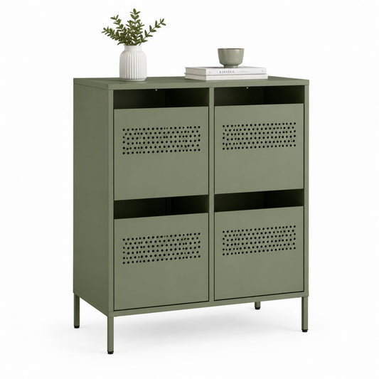 Buffet de rangement 4 portes vert olive en acier rectangulaire 80 x 40 x 100 cm
