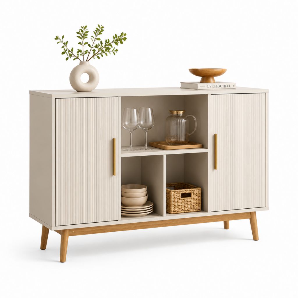 Buffet de salle à manger beige en MDF et bois massif 120 x 40 x 85 cm